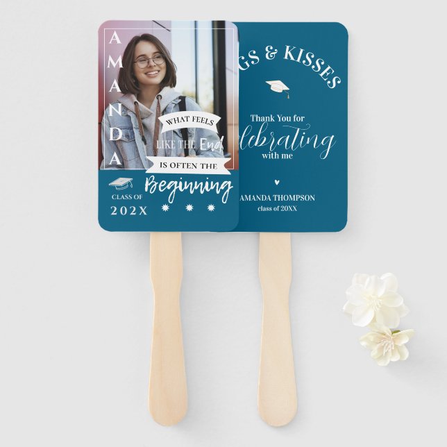 Hugs Kisses Photo Quote Class Graduation Thank You Hand Fan (Front and Back)