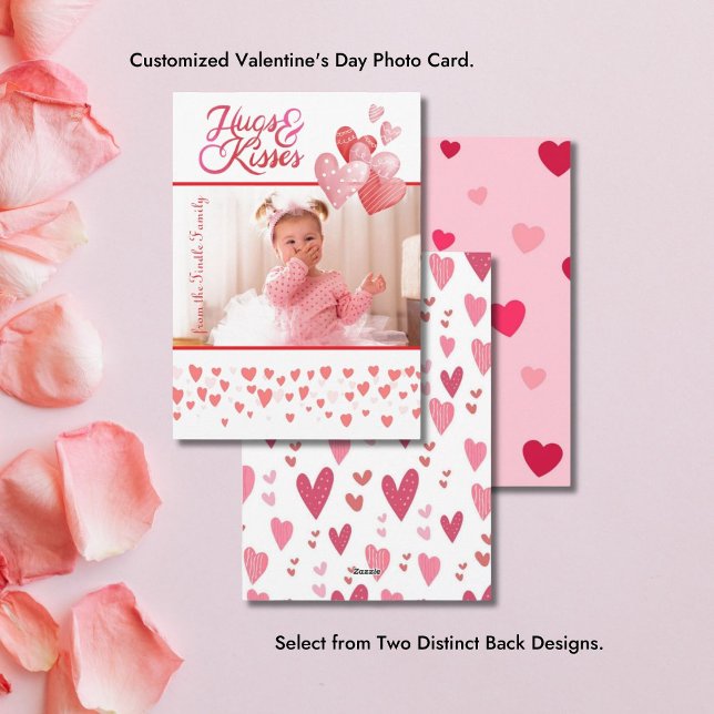 Hugs & Kisses Photo Valentine Vertical Hearts Holiday Card (Vertical Valentine's Day Greeting Card)
