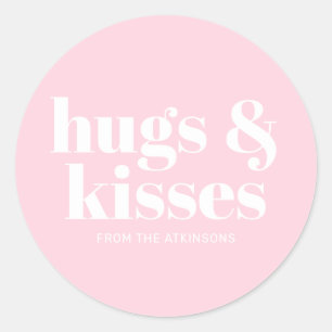 Hugs & kisses pink white modern bold typography classic round sticker