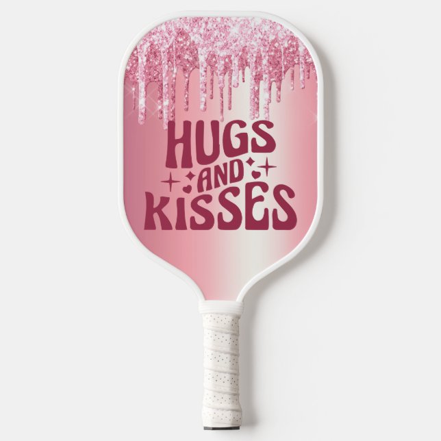 HUGS & KISSES VALENTINE'S PINK GLITTER DRIP CUSTOM PICKLEBALL PADDLE (Front)