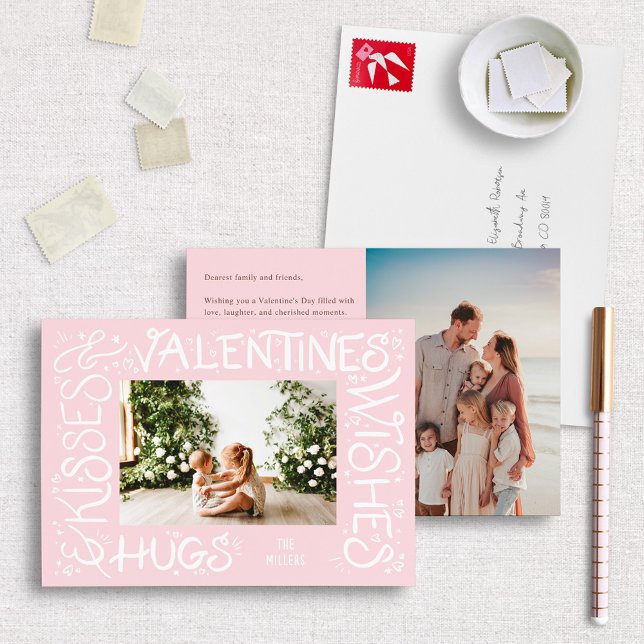 "Hugs & Kisses & Valentine's Wishes" Hand Lettered Holiday Card (Creator Uploaded)