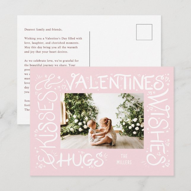 "Hugs & Kisses & Valentine's Wishes" Hand Lettered Holiday Postcard (Front/Back)