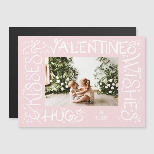 "Hugs & Kisses & Valentine's Wishes" Hand Lettered Magnetic Invitation (Front/Back)