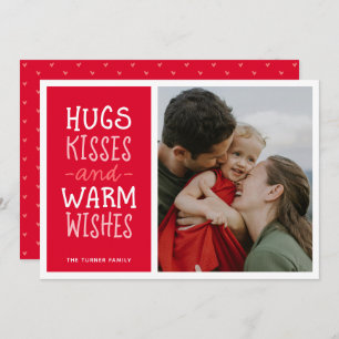 Hugs Kisses Warm Wishes Cute Simple Red One Photo Holiday Card