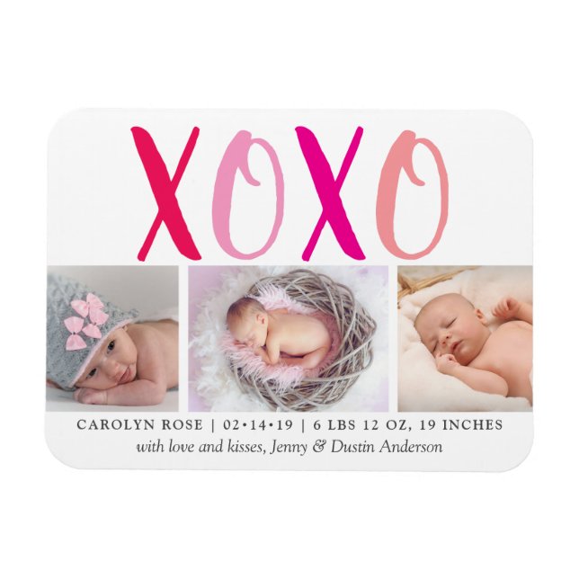 Hugs & Kisses (XOXO) 3 Photo Birth Announcement Magnet (Horizontal)