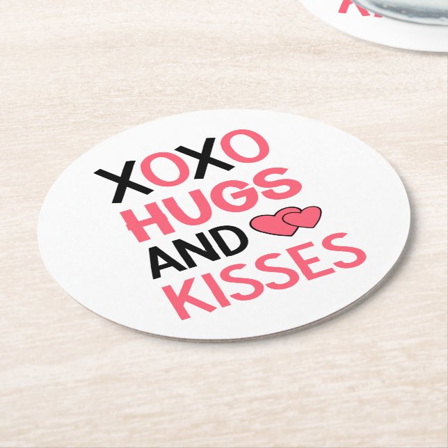 Hugs Kisses XOXO Pink Black Wedding Bridal Shower Round Paper Coaster (Angled)