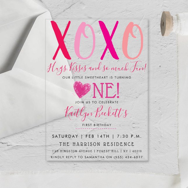 Hugs & Kisses (XOXO) Valentine's Day 1st Birthday Acrylic Invitations (Creator Uploaded)