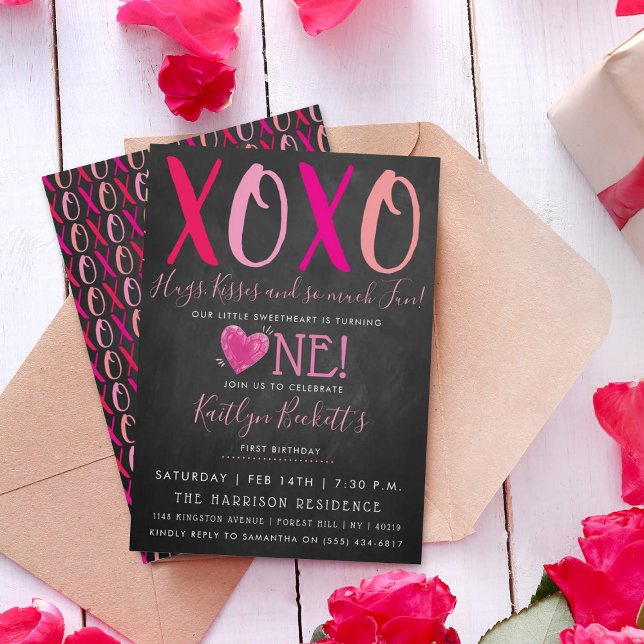 Hugs & Kisses (XOXO) Valentine's Day 1st Birthday Invitation (Creator Uploaded)