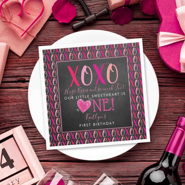 Hugs & Kisses (XOXO) Valentine's Day 1st Birthday Napkin (Creator Uploaded)