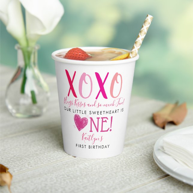 Hugs & Kisses (XOXO) Valentine's Day 1st Birthday Paper Cups (Insitu)