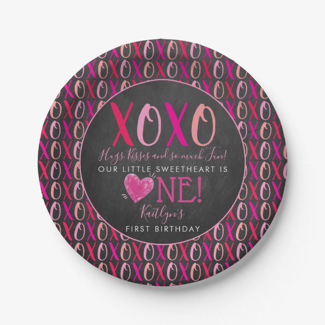 Hugs & Kisses (XOXO) Valentine's Day 1st Birthday Paper Plate (Front)