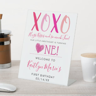 Hugs & Kisses (XOXO) Valentine's Day 1st Birthday Pedestal Sign