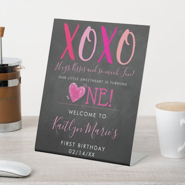 Hugs & Kisses (XOXO) Valentine's Day 1st Birthday Pedestal Sign (In SItu)