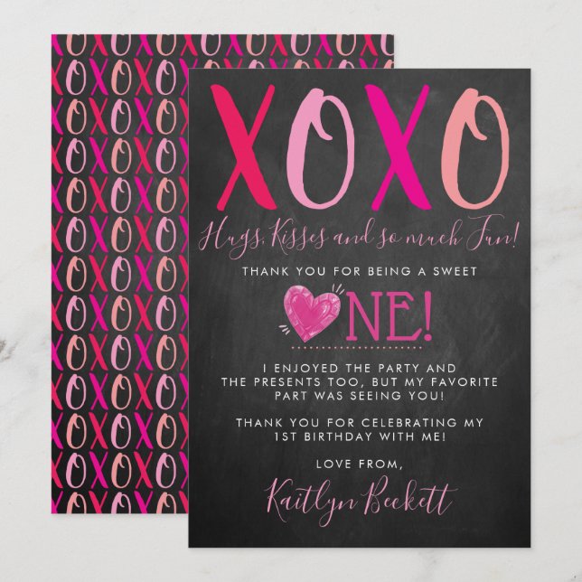Hugs & Kisses (XOXO) Valentine's Day 1st Birthday Thank You Card (Front/Back)