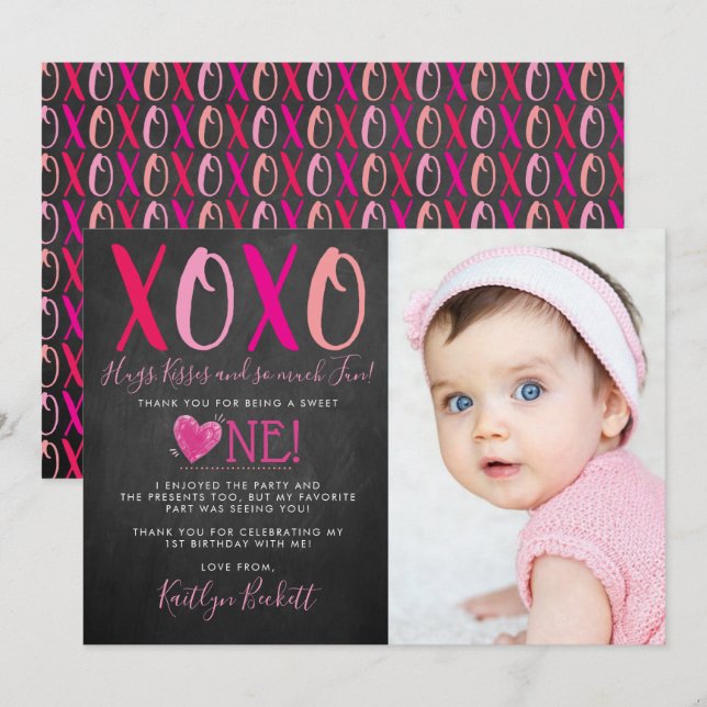 Hugs & Kisses (XOXO) Valentine's Day 1st Birthday Thank You Card (Front/Back)