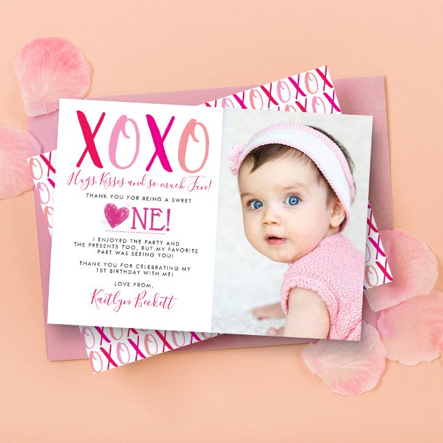 Hugs & Kisses (XOXO) Valentine's Day 1st Birthday Thank You Card (Creator Uploaded)