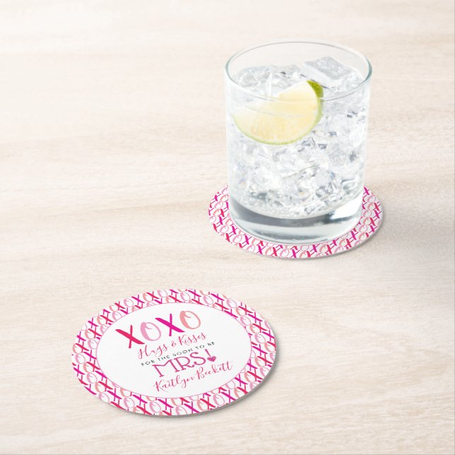 Hugs & Kisses (XOXO) Valentine's Day Bridal Shower Round Paper Coaster (Insitu)