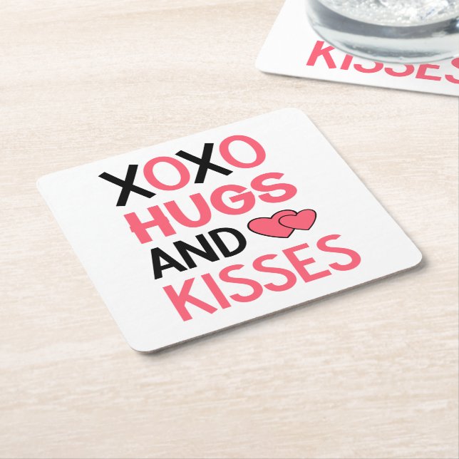 Hugs Kisses XOXO Wedding Pink Black Bridal Shower Square Paper Coaster (Angled)