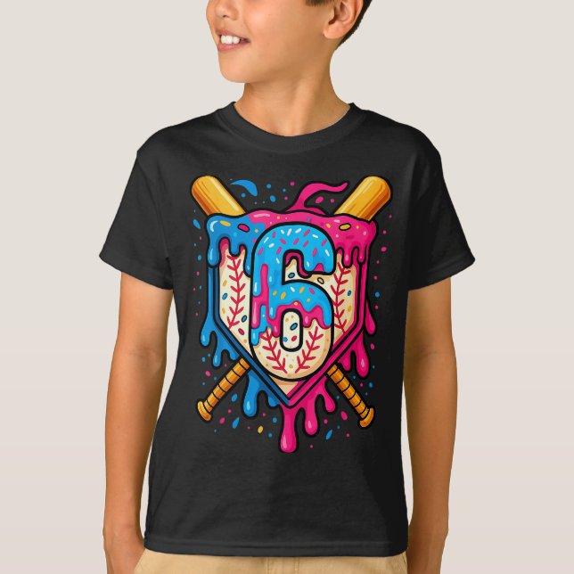 Hugvyn 6th Birthday Baseball Ice Cream Drip Number T-Shirt (Front)