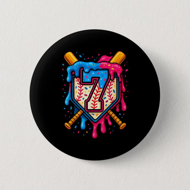 Hugvyn 7th Birthday Baseball Ice Cream Drip Number 6 Cm Round Badge (Front)