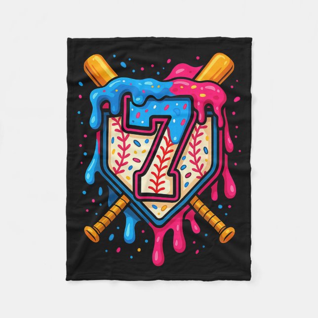 Hugvyn 7th Birthday Baseball Ice Cream Drip Number Fleece Blanket (Front)