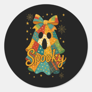 Hugvyn Halloween Patchwork Spooky Ghost Bow Preppy Classic Round Sticker