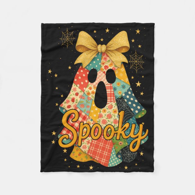 Hugvyn Halloween Patchwork Spooky Ghost Bow Preppy Fleece Blanket (Front)