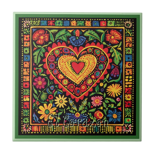 Huichol Loteria Ceramic Tile: El Corazon Tile (Front)