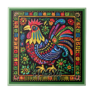 Huichol Loteria Ceramic Tile: El Gallo Tile