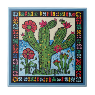 Huichol Loteria Ceramic Tile:El Nopal Ceramic Tile