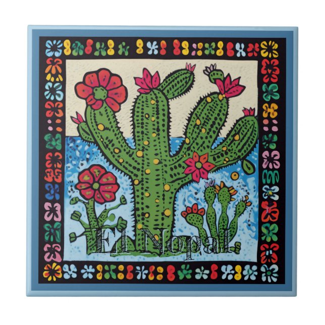Huichol Loteria Ceramic Tile:El Nopal Ceramic Tile (Front)