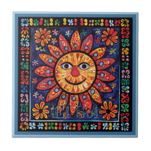 Huichol Loteria Ceramic Tile: El Sol Ceramic Tile