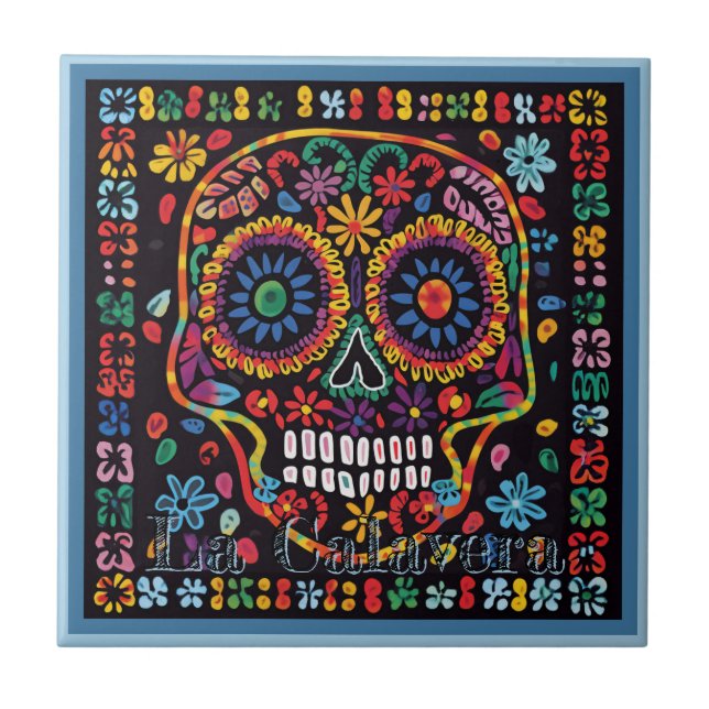 Huichol Loteria Ceramic Tile:La Calavera Tile (Front)