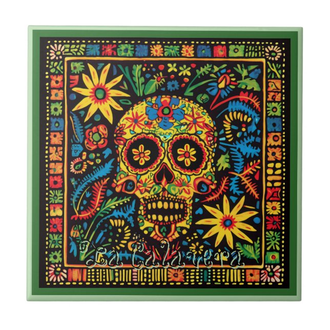 Huichol Loteria Ceramic Tile: La Calavera Tile (Front)