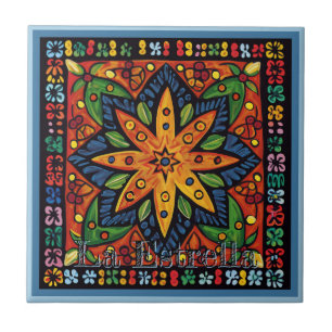 Huichol Loteria Ceramic Tile: La Estrella Tile