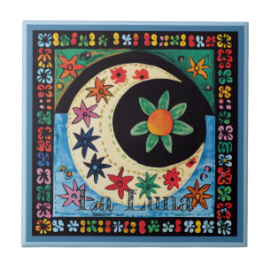 Huichol Loteria Ceramic Tile: La Luna Ceramic Tile