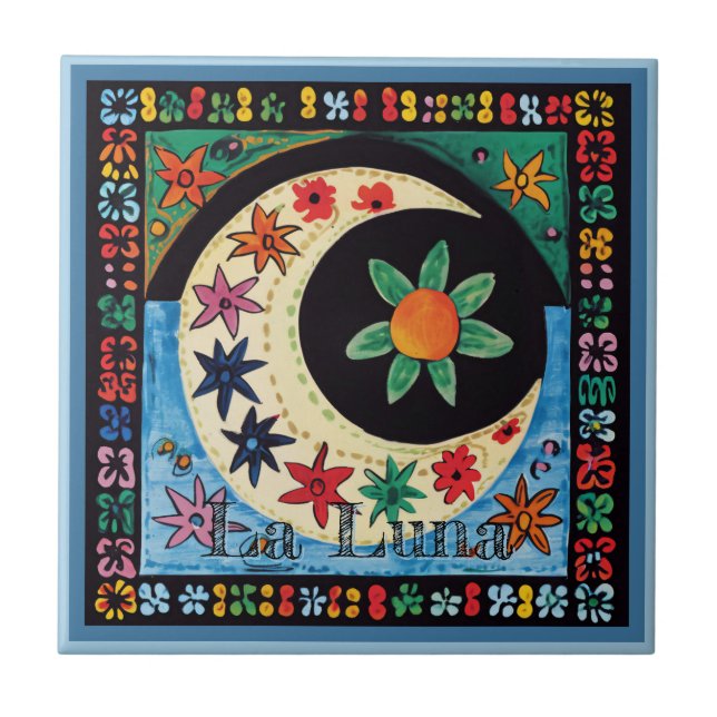 Huichol Loteria Ceramic Tile: La Luna Ceramic Tile (Front)