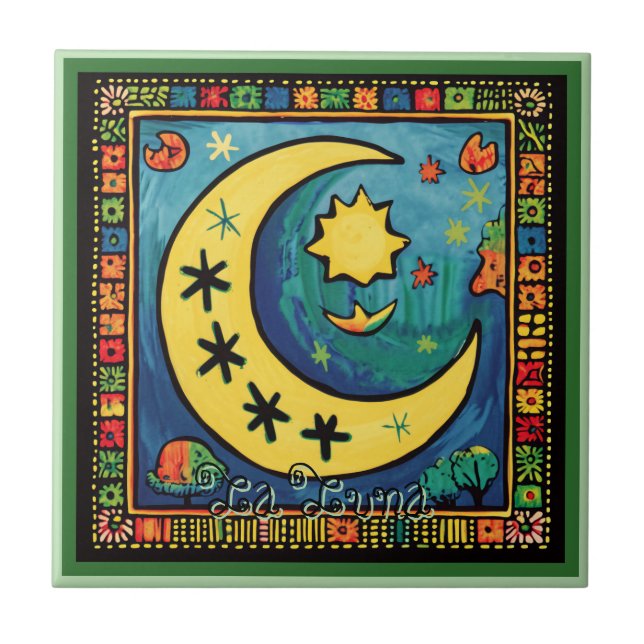 Huichol Loteria Ceramic Tile: La Luna Ceramic Tile (Front)