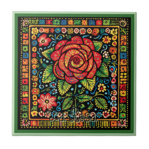 Huichol Loteria Ceramic Tile: La Rosa Ceramic Tile
