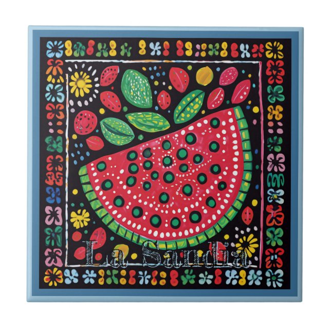 Huichol Loteria Ceramic Tile: La Sandia Tile (Front)