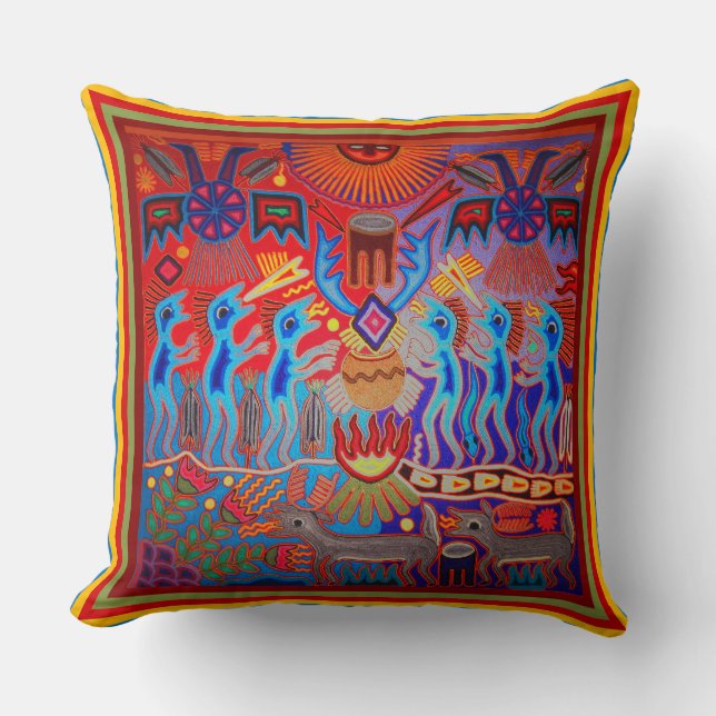Huichol Shaman Ritual Throw Pillow (Front)