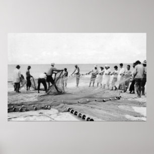 Hukilau Nets men Fishing Hawaii Surf Photograph Poster