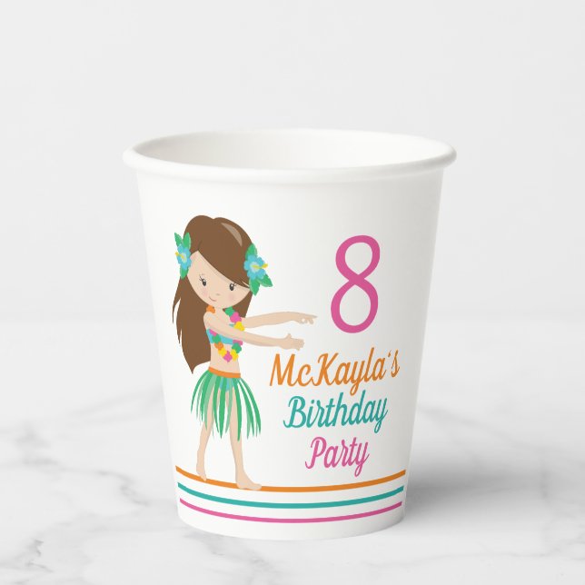 Hula Birthday Girl Cute Custom Luau Party Paper Cups (Front)