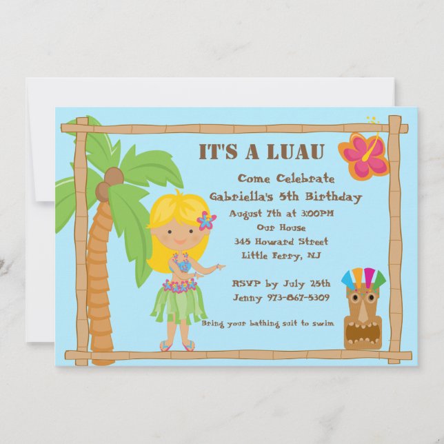 Hula Blonde Girl Luau Birthday Invitation (Front)
