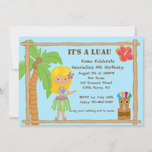 Hula Blonde Girl Luau Birthday Invitation