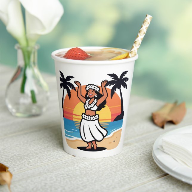Hula dance beach party sunset tropical island art paper cups (Insitu)