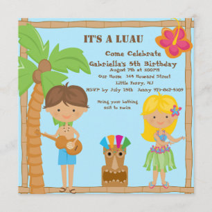 Hula Girl & Boy Luau Square Birthday Invitation