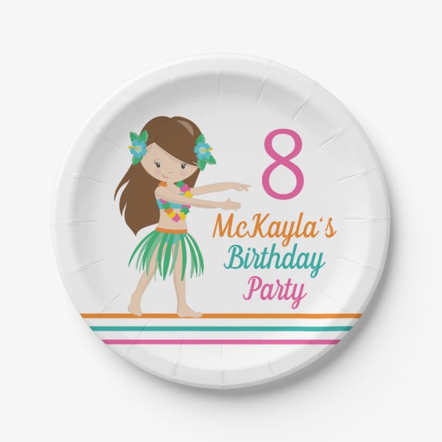 Hula Girl Cute Custom Luau Birthday Party Paper Plate (Front)