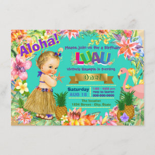 Hula Girl Flamingo Hawaiian Luau Birthday Party Invitation