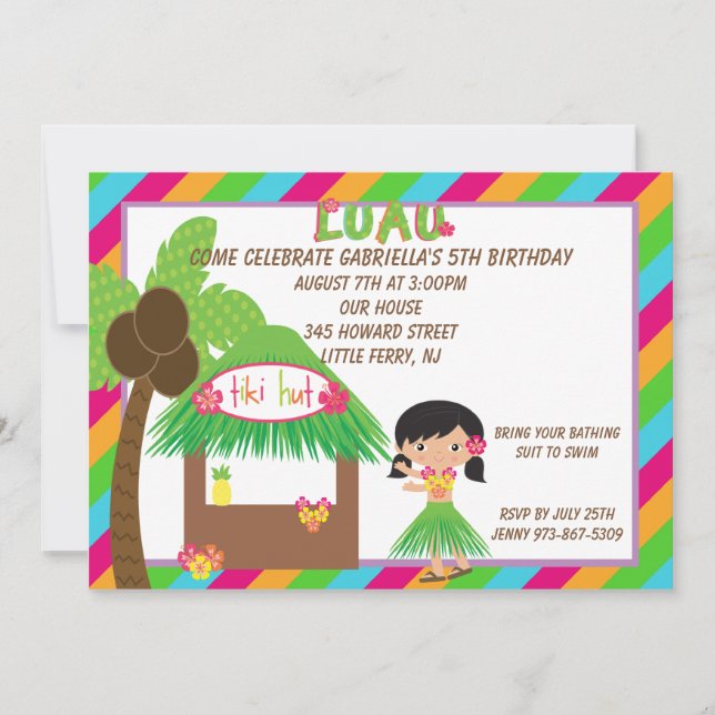 Hula Girl Tiki Hut Bright  Birthday Invitation (Front)
